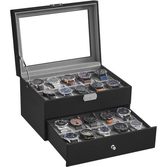 20-Slot Watch Box with Glass Lid, 2 Layers, Lockable Watch Case, Black - Picture 1 of 6